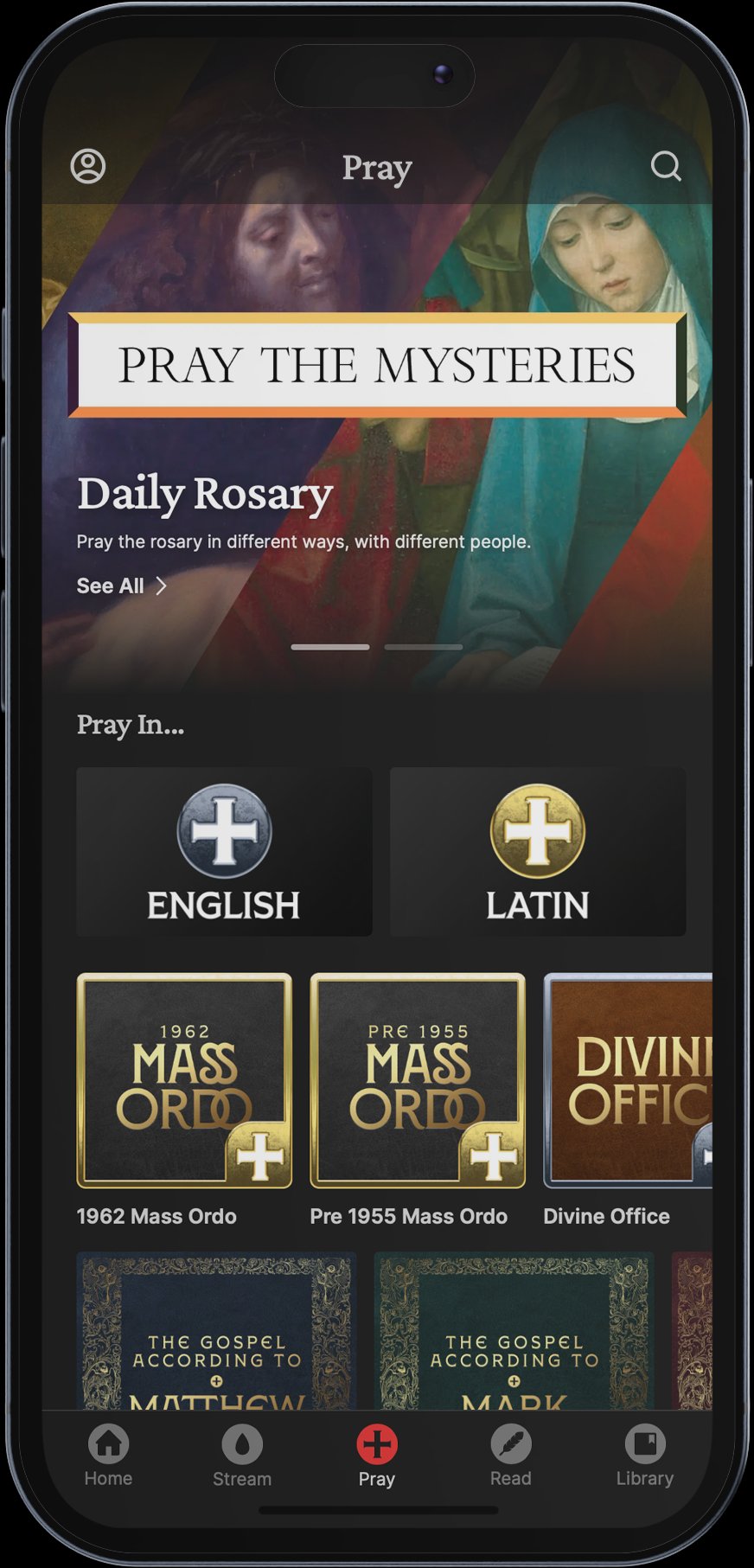 Pelican+ app showing the Pray screen with the Daily Rosary and Mass Ordo